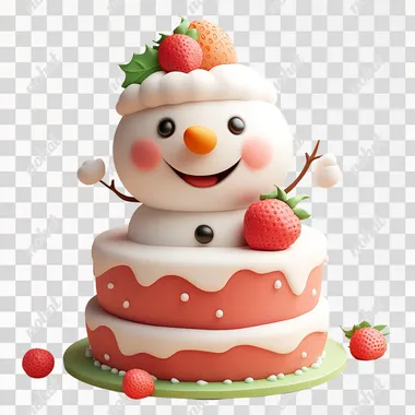 Strawberry Snowman Cake2D icon designs. game, patterns, matte clay, cute 2d cartoon style, simple backgroun