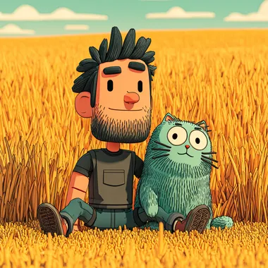 Cute stylized 3D character, avatar icon, medium shot of a 35-year-old Chinese man with a stocky and powerfully built chibi physique, broad shoulders, thick neck, sitting comfortably on a vibrant field of glowing golden grass under soft sunlight,gently holding a cute Q-style British Shorthair cat in his lap. Slightly turned profile (three-quarter view). Features very short dark hair, almost a crew cut, with a noticeable receding hairline, friendly smiling monolid eyes, and a thick, dense, short connected beard covering the jawline and heavy stubble. Wearing a simple dark grey short-sleeve t-shirt (might look slightly tight on his muscular frame).The cat is a Blue Golden Shaded color pattern with plush, dense fur and a round face, looking relaxed. Soft, warm lighting, smooth shading, highly detailed. The golden meadow background is softly focused.   --s 750  2958680492 --sv 4