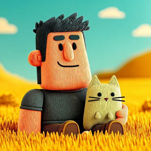 Charming 3D Character with British Shorthair Cat in Golden Meadow