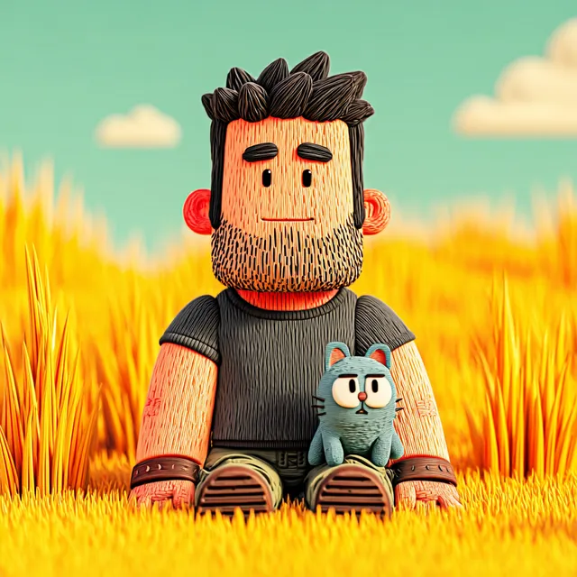 Charming 3D Chibi Man with British Shorthair Cat in Golden Meadow