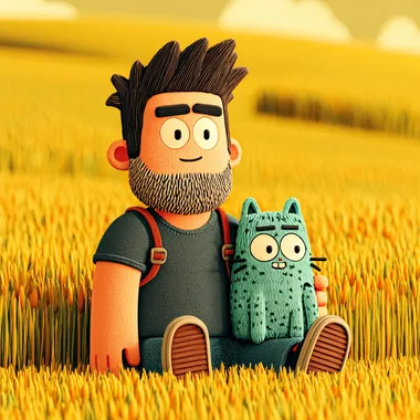Cute stylized 3D character, avatar icon, medium shot of a 35-year-old Chinese man with a stocky and powerfully built chibi physique, broad shoulders, thick neck, sitting comfortably on a vibrant field of glowing golden grass under soft sunlight,gently holding a cute Q-style British Shorthair cat in his lap. Slightly turned profile (three-quarter view). Features very short dark hair, almost a crew cut, with a noticeable receding hairline, friendly smiling monolid eyes, and a thick, dense, short connected beard covering the jawline and heavy stubble. Wearing a simple dark grey short-sleeve t-shirt (might look slightly tight on his muscular frame).The cat is a Blue Golden Shaded color pattern with plush, dense fur and a round face, looking relaxed. Soft, warm lighting, smooth shading, highly detailed. The golden meadow background is softly focused.   --s 750  2958680492 --sv 4