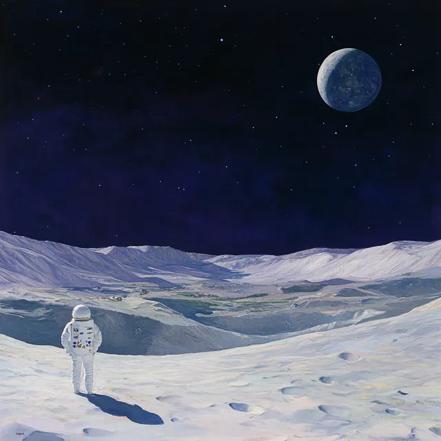 a painting of an astronaut standing in the snow