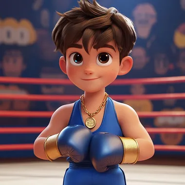 7 year old boy with brown hair, standing in a boxing ring, wearing blue boxing attire and boxing gloves. Disney pixar style. wearing 2 gold necklaces