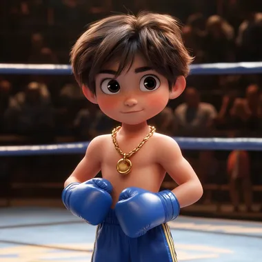 7 year old boy with brown hair, standing in a boxing ring, wearing blue boxing attire and boxing gloves. Disney pixar style. wearing 2 gold necklaces
