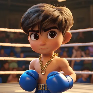 7 year old boy with brown hair, standing in a boxing ring, wearing blue boxing attire and boxing gloves. Disney pixar style. wearing 2 gold necklaces
