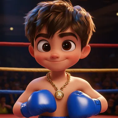 7 year old boy with brown hair, standing in a boxing ring, wearing blue boxing attire and boxing gloves. Disney pixar style. wearing 2 gold necklaces