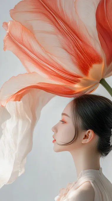 A romantic photo that captures the elegance of a young Chinese ballet dancer. Dressed in vibrant practice clothes, she stood beside a huge tulip flower and danced with its petals fluttering. Simple beautiful, ethereal fabric, set on a white background.