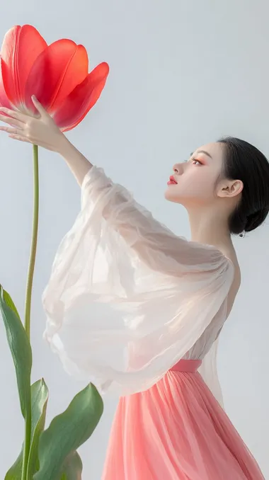 A romantic photo that captures the elegance of a young Chinese ballet dancer. Dressed in vibrant practice clothes, she stood beside a huge tulip flower and danced with its petals fluttering. Simple beautiful, ethereal fabric, set on a white background.