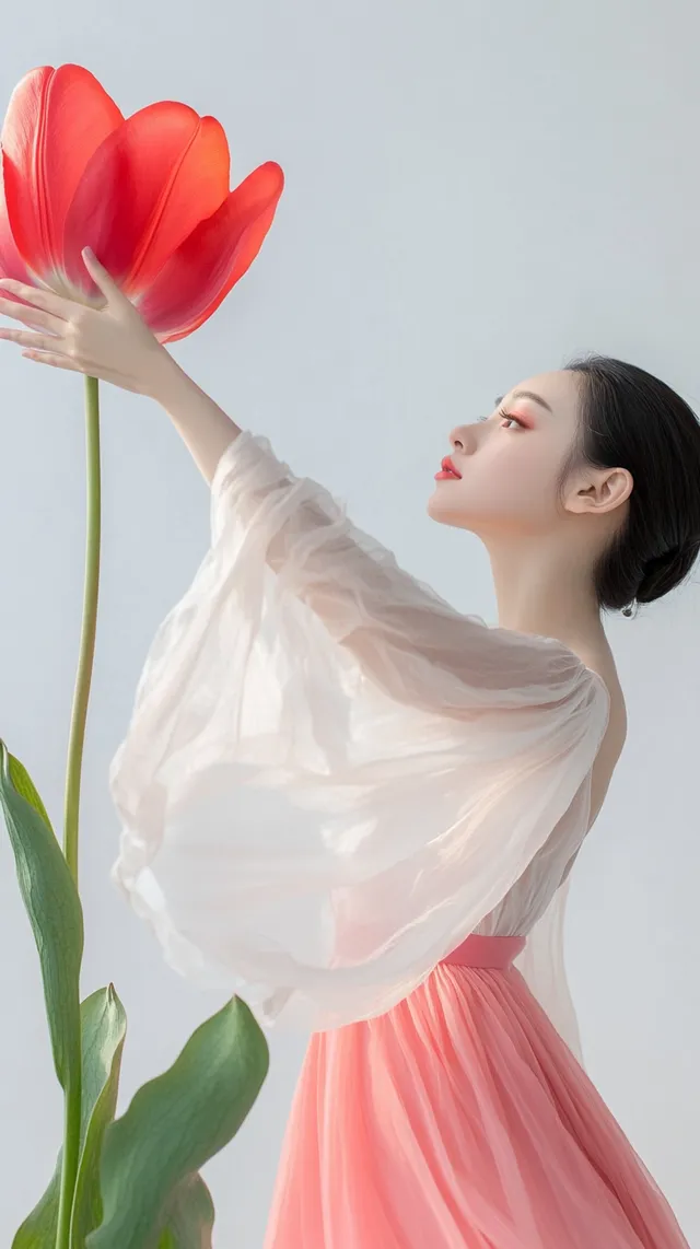 Young Chinese ballet dancer in pink dress beside giant tulip flower