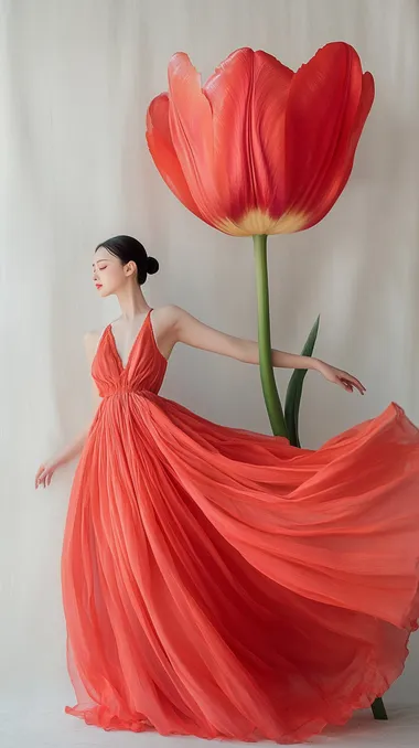 A romantic photo that captures the elegance of a young Chinese ballet dancer. Dressed in vibrant practice clothes, she stood beside a huge tulip flower and danced with its petals fluttering. Simple beautiful, ethereal fabric, set on a white background.