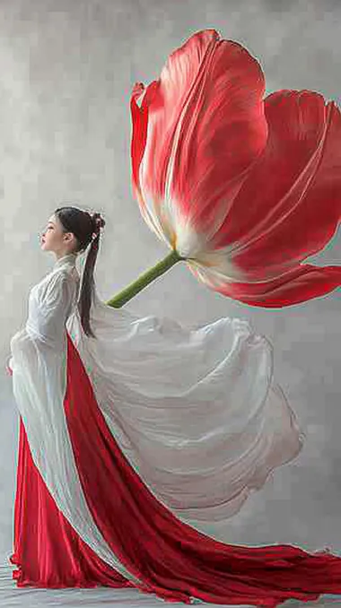 A romantic photo that captures the elegance of a young Chinese ballet dancer. Dressed in vibrant practice clothes, she stood beside a huge tulip flower and danced with its petals fluttering. Simple beautiful, ethereal fabric, set on a white background.