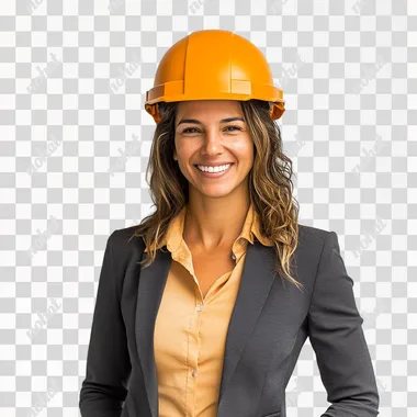 Create an image of a Brazilian woman working in the solar energy industry. She is standing against a plain white background, wearing a protective helmet and smiling confidently. She is dressed in professional business attire, such as a blouse and blazer, rather than typical orange workwear. Her expression is friendly and approachable, reflecting her expertise and professionalism in the field.