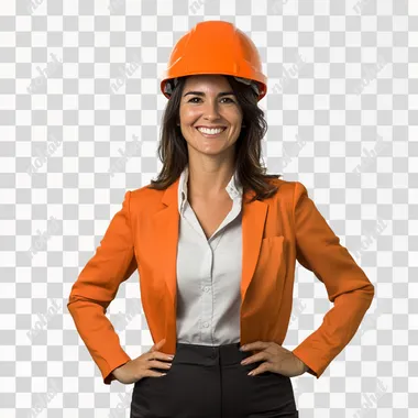 Create an image of a Brazilian woman working in the solar energy industry. She is standing against a plain white background, wearing a protective helmet and smiling confidently. She is dressed in professional business attire, such as a blouse and blazer, rather than typical orange workwear. Her expression is friendly and approachable, reflecting her expertise and professionalism in the field.