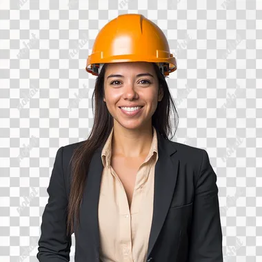 Create an image of a Brazilian woman working in the solar energy industry. She is standing against a plain white background, wearing a protective helmet and smiling confidently. She is dressed in professional business attire, such as a blouse and blazer, rather than typical orange workwear. Her expression is friendly and approachable, reflecting her expertise and professionalism in the field.