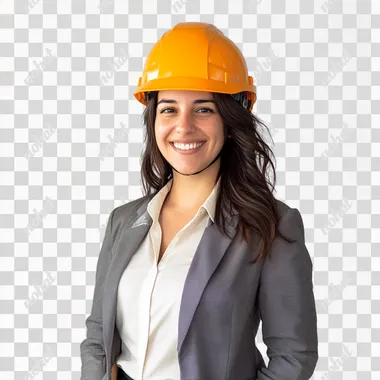 Create an image of a Brazilian woman working in the solar energy industry. She is standing against a plain white background, wearing a protective helmet and smiling confidently. She is dressed in professional business attire, such as a blouse and blazer, rather than typical orange workwear. Her expression is friendly and approachable, reflecting her expertise and professionalism in the field.