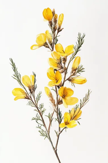 Watercolor, scotch broom, white background, botanical illustration style, detailed watercolor painting, hand-drawn calligraphy lettering, high resolution, high detail, highly refined, high quality, high definition, high contrast, high sharpness, hyperrealistic, hyperrealistic