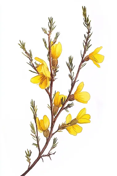 Watercolor, scotch broom, white background, botanical illustration style, detailed watercolor painting, hand-drawn calligraphy lettering, high resolution, high detail, highly refined, high quality, high definition, high contrast, high sharpness, hyperrealistic, hyperrealistic