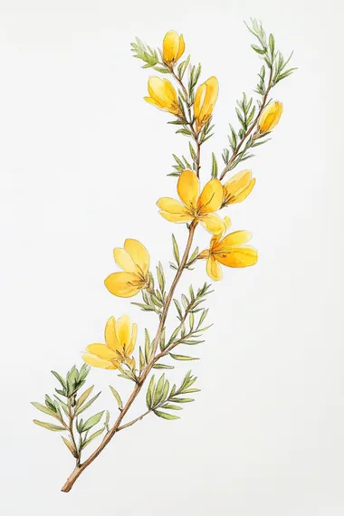 Watercolor, scotch broom, white background, botanical illustration style, detailed watercolor painting, hand-drawn calligraphy lettering, high resolution, high detail, highly refined, high quality, high definition, high contrast, high sharpness, hyperrealistic, hyperrealistic