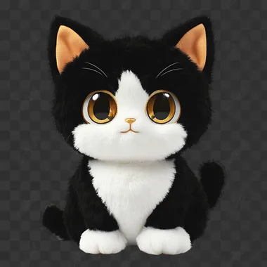 A black and white cat with big ears and golden eyes is depicted in anime style on a white background. This is a 3D plush toy style with fluffy fur texture. The character is made of fluffy cotton material.It has soft lighting that adds to its lovely appearance.