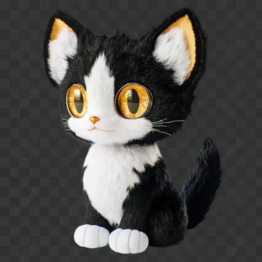 A black and white cat with big ears and golden eyes is depicted in anime style on a white background. This is a 3D plush toy style with fluffy fur texture. The character is made of fluffy cotton material.It has soft lighting that adds to its lovely appearance.