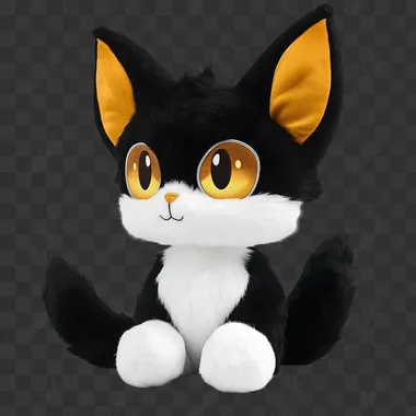 A black and white cat with big ears and golden eyes is depicted in anime style on a white background. This is a 3D plush toy style with fluffy fur texture. The character is made of fluffy cotton material.It has soft lighting that adds to its lovely appearance.