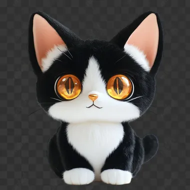 A black and white cat with big ears and golden eyes is depicted in anime style on a white background. This is a 3D plush toy style with fluffy fur texture. The character is made of fluffy cotton material.It has soft lighting that adds to its lovely appearance.