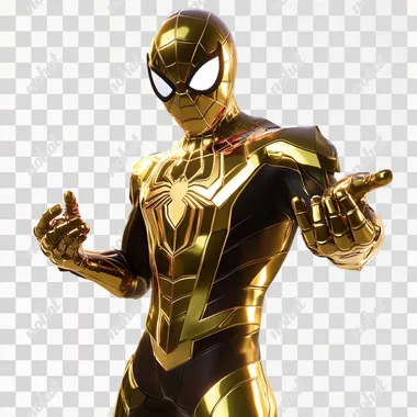 Fortnite render of full gold Iron Spider-man skin on white background, gold, unreal engin render, fortnite style --s 50