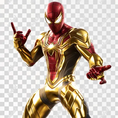 Fortnite render of full gold Iron Spider-man skin on white background, gold, unreal engin render, fortnite style --s 50