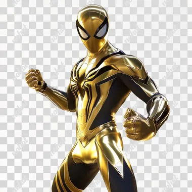 Fortnite render of full gold Iron Spider-man skin on white background, gold, unreal engin render, fortnite style --s 50