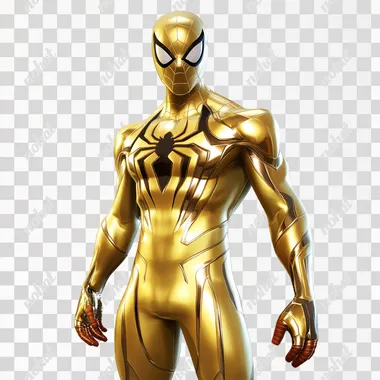 Fortnite render of full gold Iron Spider-man skin on white background, gold, unreal engin render, fortnite style --s 50