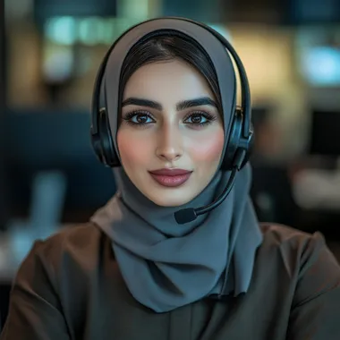 Prompt me an image of a female Arab as a customer call center agent