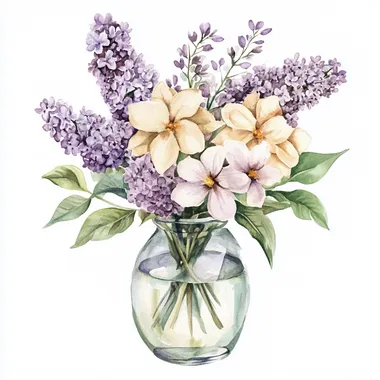 watercolor illustration of a lilac and beige floral bouquet in a glass vase on white isolated background