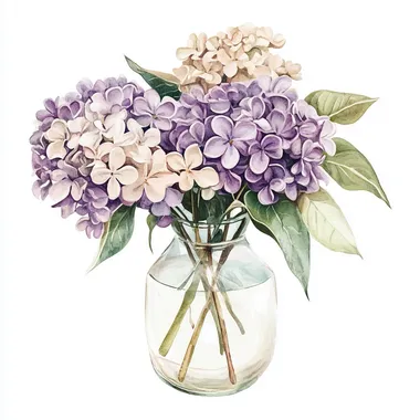 watercolor illustration of a lilac and beige floral bouquet in a glass vase on white isolated background