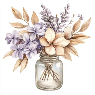 watercolor illustration of a lilac and beige floral bouquet in a glass vase on white isolated background