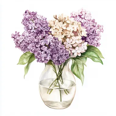 watercolor illustration of a lilac and beige floral bouquet in a glass vase on white isolated background
