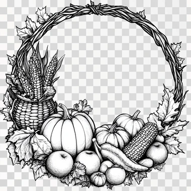 A simple black and white line drawing of an array of autumn harvests, including a cornucopia, pumpkins, squashes, apples, corn, and a cooked turkey with all the fixings with autumn harvest vegetables, design for in a circular frame with crisp lines and a white background, no shading or grey areas. A pen and ink circular layout frame design for an autumn festival invitation with a detailed black outline on a clean white background with no shading or grey areas, a stunning hand-drawn masterpiece, a joyful display of nature's abundance, arranged in a circular layout frame made from autumn bountiful harvest , creating a festive atmosphere.