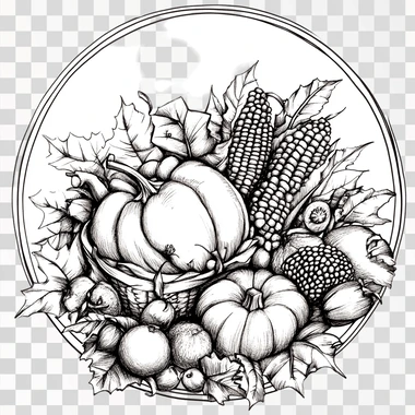 A simple black and white line drawing of an array of autumn harvests, including a cornucopia, pumpkins, squashes, apples, corn, and a cooked turkey with all the fixings with autumn harvest vegetables, design for in a circular frame with crisp lines and a white background, no shading or grey areas. A pen and ink circular layout frame design for an autumn festival invitation with a detailed black outline on a clean white background with no shading or grey areas, a stunning hand-drawn masterpiece, a joyful display of nature's abundance, arranged in a circular layout frame made from autumn bountiful harvest , creating a festive atmosphere.