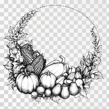 A simple black and white line drawing of an array of autumn harvests, including a cornucopia, pumpkins, squashes, apples, corn, and a cooked turkey with all the fixings with autumn harvest vegetables, design for in a circular frame with crisp lines and a white background, no shading or grey areas. A pen and ink circular layout frame design for an autumn festival invitation with a detailed black outline on a clean white background with no shading or grey areas, a stunning hand-drawn masterpiece, a joyful display of nature's abundance, arranged in a circular layout frame made from autumn bountiful harvest , creating a festive atmosphere.