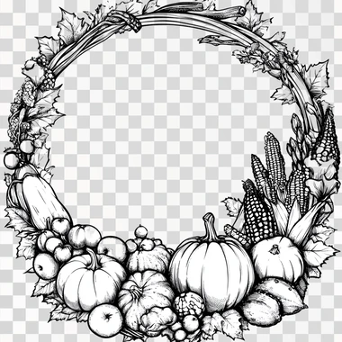 A simple black and white line drawing of an array of autumn harvests, including a cornucopia, pumpkins, squashes, apples, corn, and a cooked turkey with all the fixings with autumn harvest vegetables, design for in a circular frame with crisp lines and a white background, no shading or grey areas. A pen and ink circular layout frame design for an autumn festival invitation with a detailed black outline on a clean white background with no shading or grey areas, a stunning hand-drawn masterpiece, a joyful display of nature's abundance, arranged in a circular layout frame made from autumn bountiful harvest , creating a festive atmosphere.