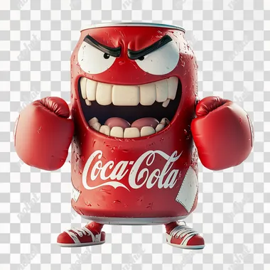 An anthropomorphic Coke can with boxing gloves, bandaids and a ferocious face. It has eyes, a mouth and feet. The background is white, in a cartoon or Pixar style. High quality, bright colors, rich details, 4K