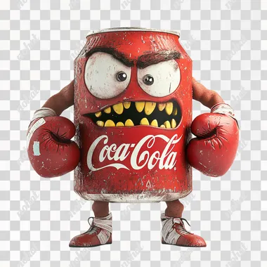 An anthropomorphic Coke can with boxing gloves, bandaids and a ferocious face. It has eyes, a mouth and feet. The background is white, in a cartoon or Pixar style. High quality, bright colors, rich details, 4K
