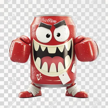An anthropomorphic Coke can with boxing gloves, bandaids and a ferocious face. It has eyes, a mouth and feet. The background is white, in a cartoon or Pixar style. High quality, bright colors, rich details, 4K