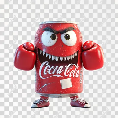 An anthropomorphic Coke can with boxing gloves, bandaids and a ferocious face. It has eyes, a mouth and feet. The background is white, in a cartoon or Pixar style. High quality, bright colors, rich details, 4K
