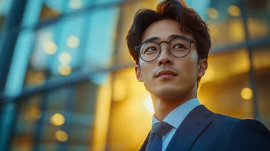 A handsome young Chinese businessman stands in front of the glass building, wearing business attire and looking up at it with confidence from the side. Sunlight shines on his face in the style of high resolution photography with high quality details. The image has professional color grading with soft shadows and clean sharp focus in a cinematic style of photography. Canon R6 Mark II, 80 mm lens, studio lighting   --s 750