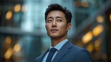 A handsome young Chinese businessman stands in front of the glass building, wearing business attire and looking up at it with confidence from the side. Sunlight shines on his face in the style of high resolution photography with high quality details. The image has professional color grading with soft shadows and clean sharp focus in a cinematic style of photography. Canon R6 Mark II, 80 mm lens, studio lighting   --s 750