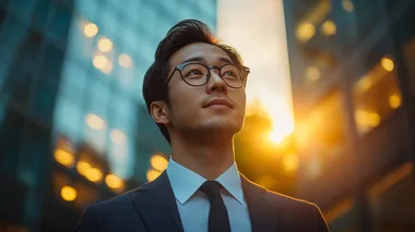 A handsome young Chinese businessman stands in front of the glass building, wearing business attire and looking up at it with confidence from the side. Sunlight shines on his face in the style of high resolution photography with high quality details. The image has professional color grading with soft shadows and clean sharp focus in a cinematic style of photography. Canon R6 Mark II, 80 mm lens, studio lighting   --s 750