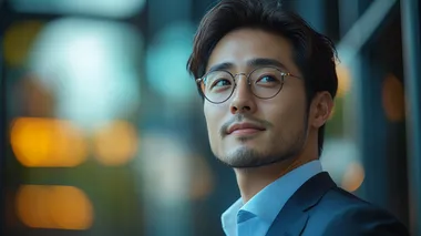 A handsome young Chinese businessman stands in front of the glass building, wearing business attire and looking up at it with confidence from the side. Sunlight shines on his face in the style of high resolution photography with high quality details. The image has professional color grading with soft shadows and clean sharp focus in a cinematic style of photography. Canon R6 Mark II, 80 mm lens, studio lighting   --s 750