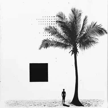 white back ground a square with a dot inside , and . Out side the square is a dot with a palm tree , it represents a person being in a society box and one not being in the box and free