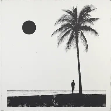 white back ground a square with a dot inside , and . Out side the square is a dot with a palm tree , it represents a person being in a society box and one not being in the box and free