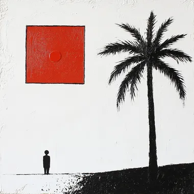white back ground a square with a dot inside , and . Out side the square is a dot with a palm tree , it represents a person being in a society box and one not being in the box and free